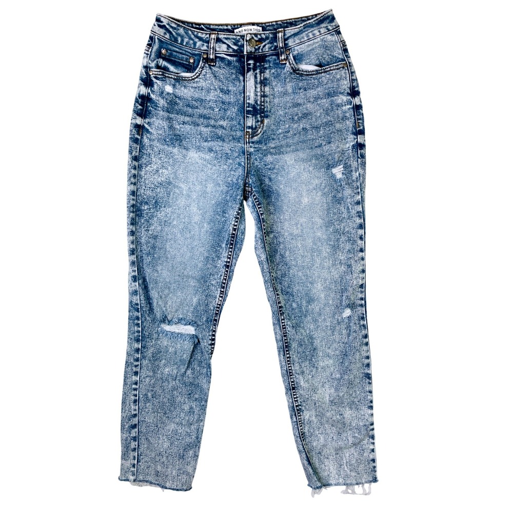And Now This Womens High Rise Acid Wash Distressed Mom Jeans Blue Size 29
